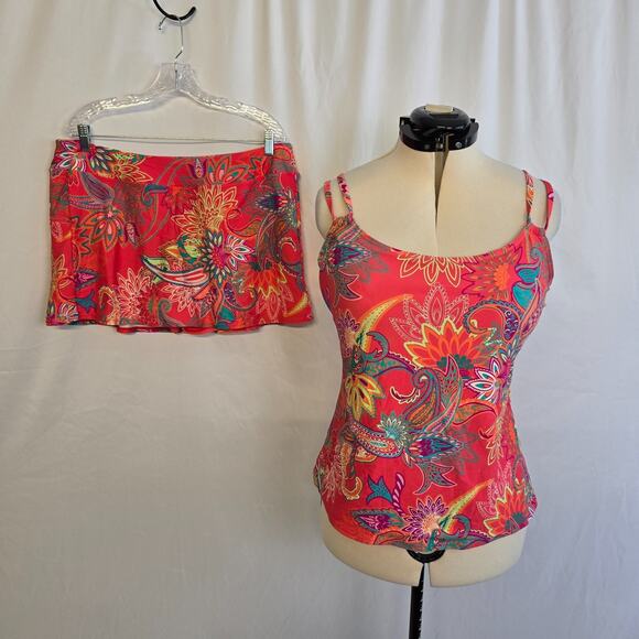 Sunsets Other - Sunsets 2 Piece Swim Set Tankini Top 40E Skort Bottom 16 Red Multi Paisley EUC